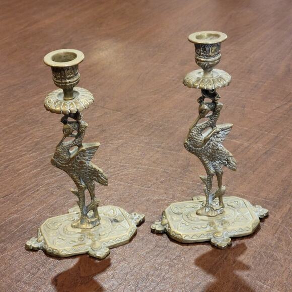 Set of 2 Antique Vintage Brass Stork Crane Candleholders 7.25" tall - Picture 1 of 12